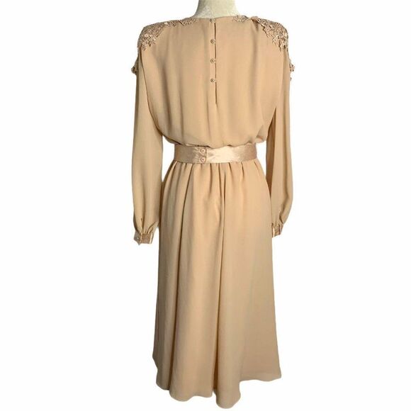 Vintage 80s Pleated Chiffon Midi Dress M Pink Embroidered Applique Satin Belt - Picture 7 of 11